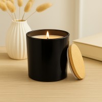 {INSERT_HTML:60;} Szkło  - Pojemnik szklany do zalewu świec Czarny Połysk z pokrywką drewnianą